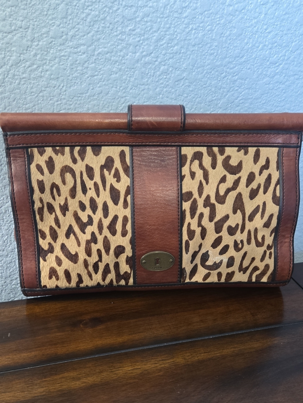 FOSSIL Leather Fold-Over Leopard Clutch Magnetic Closure Vintage - Picture 4 of 12